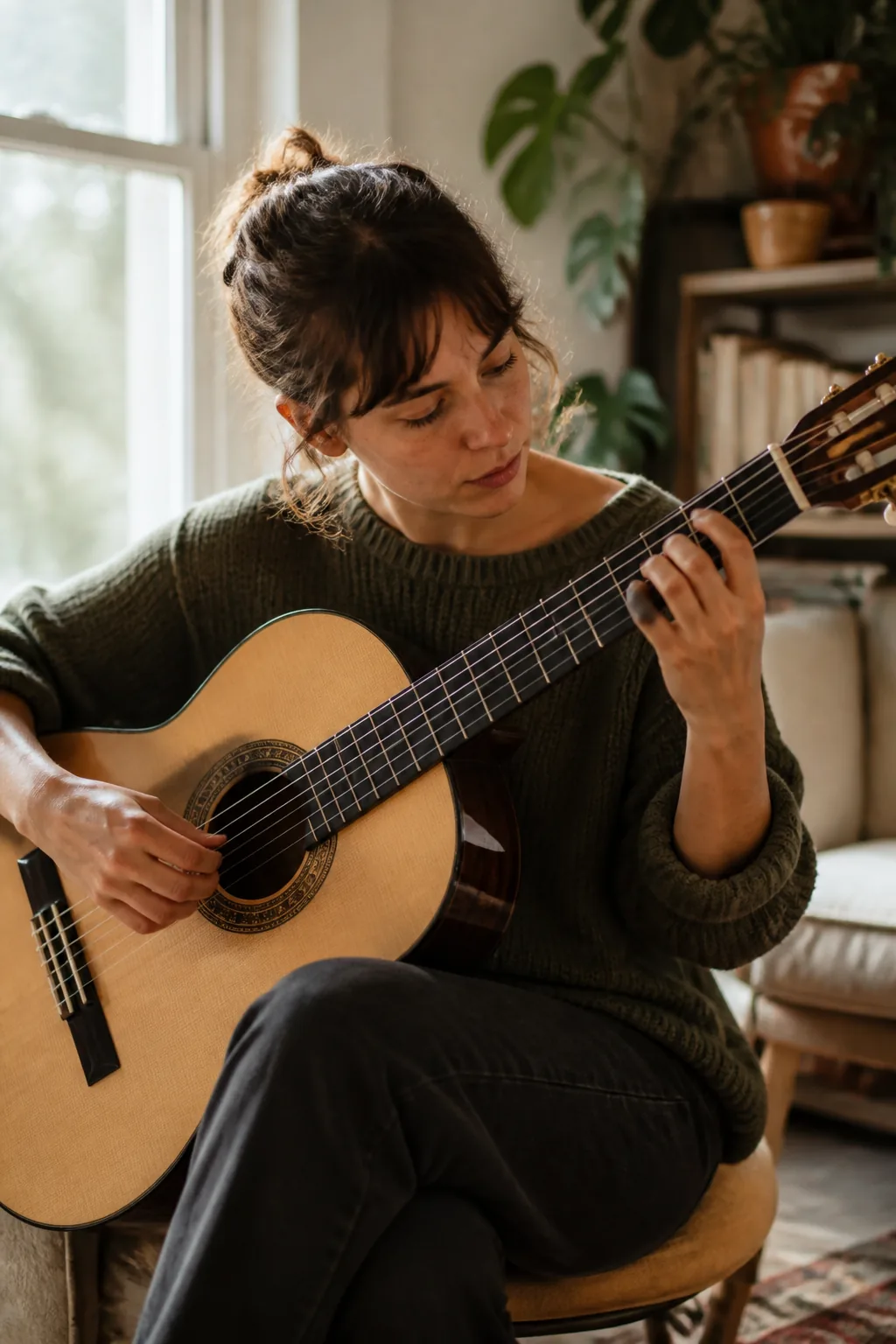Beginner practicing classical guitar near a sunlit window