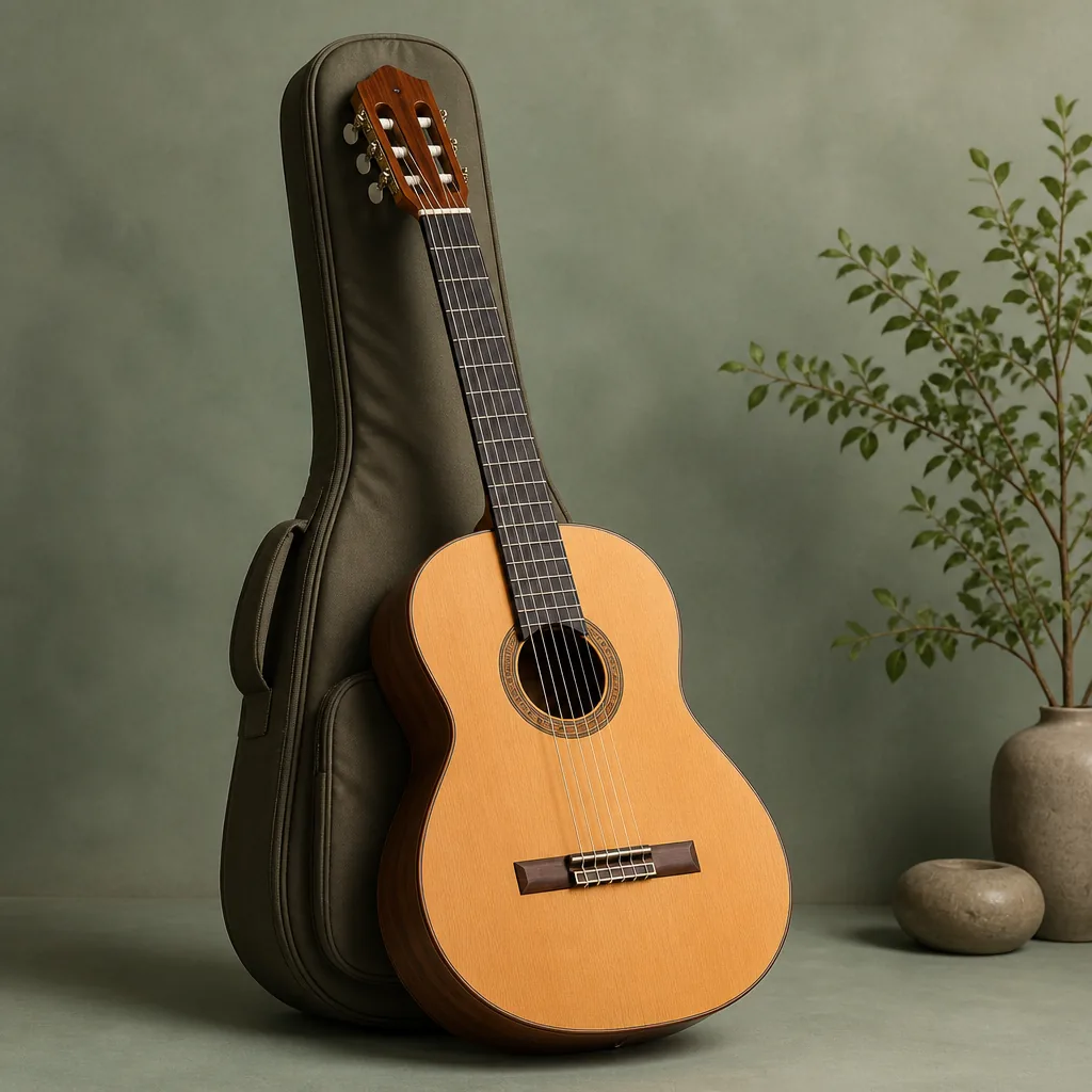Classical guitar resting against a padded gig bag