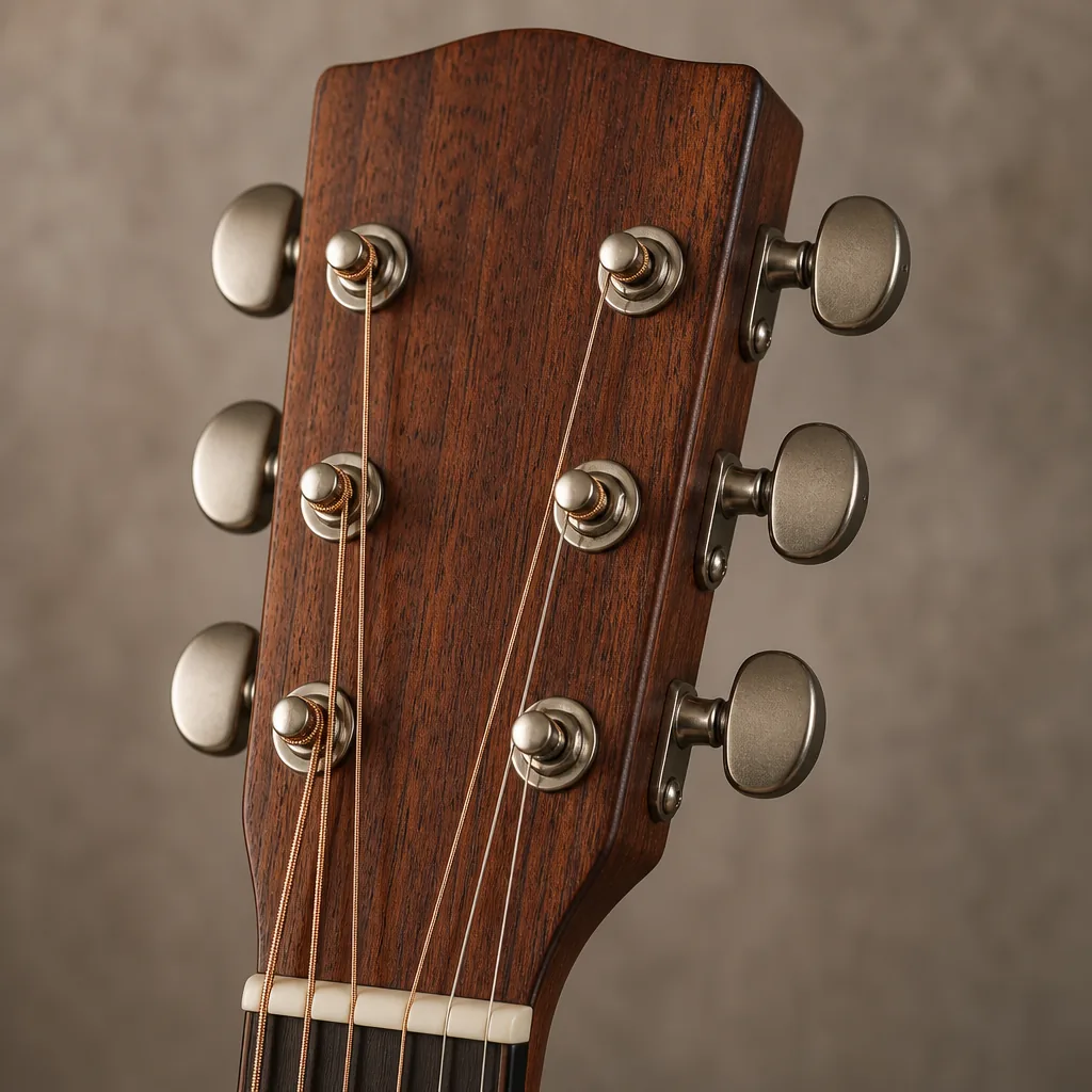Close-up of acoustic guitar headstock and tuning pegs