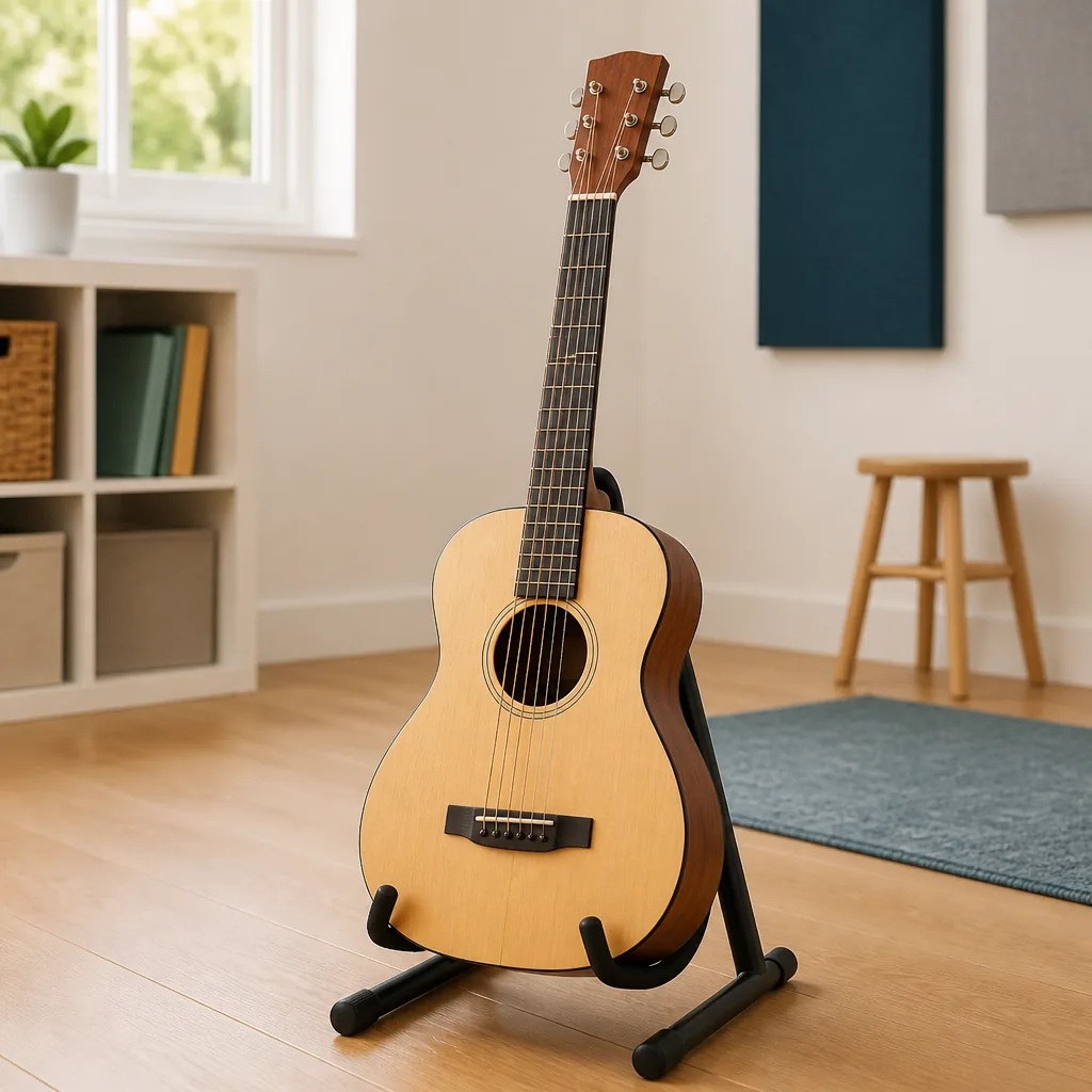 Three-quarter size guitar on a floor stand in a practice room
