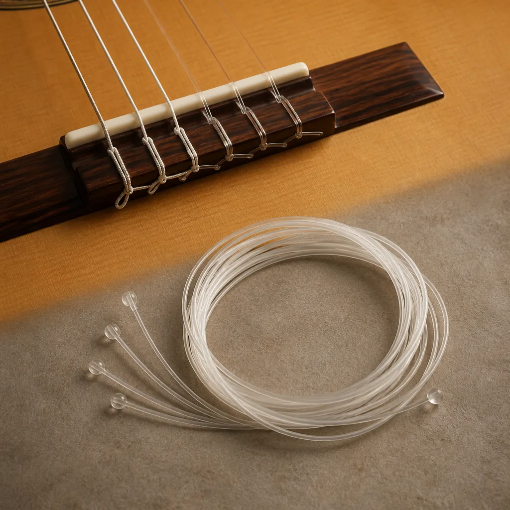 Nylon strings beside a classical guitar bridge