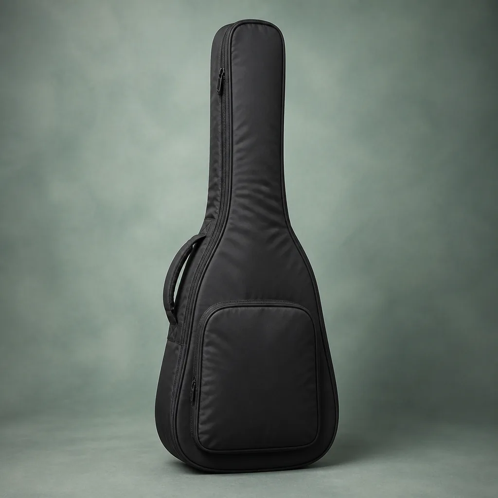 Padded nylon guitar gig bag standing upright