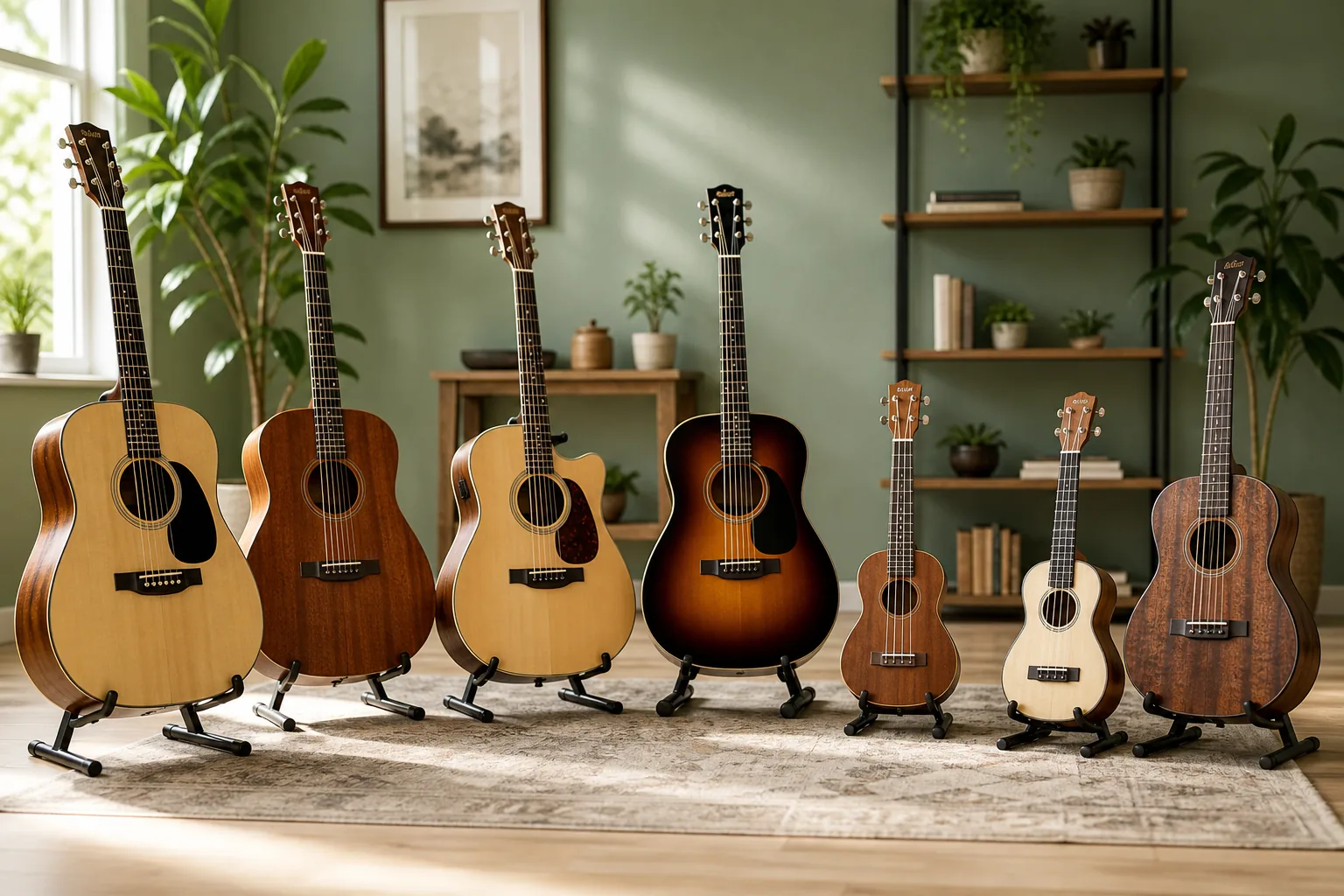 Acoustic guitars and ukuleles on stands in a bright practice room
