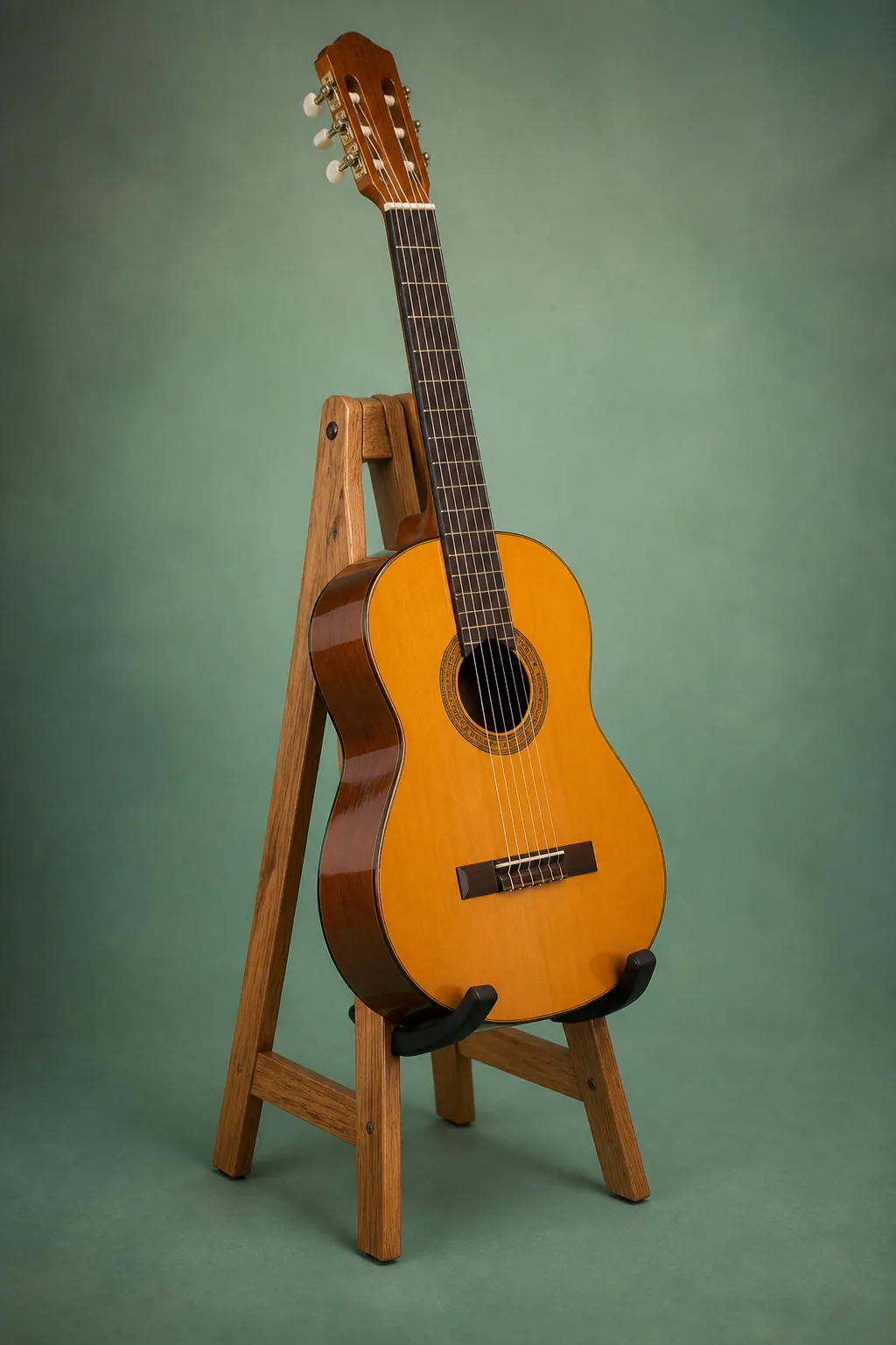 Wooden A-frame guitar stand holding a classical guitar