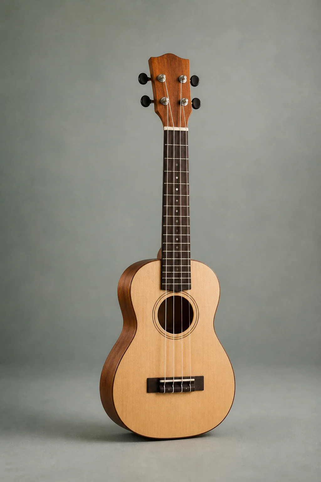 Soprano ukulele with spruce top on a soft studio backdrop
