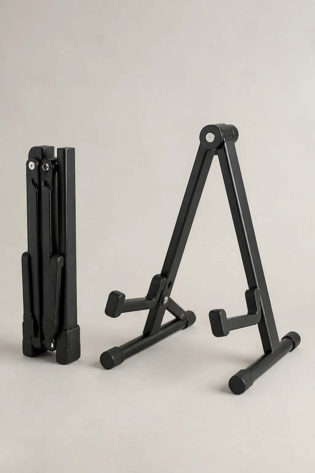 Compact travel guitar stand folded and open