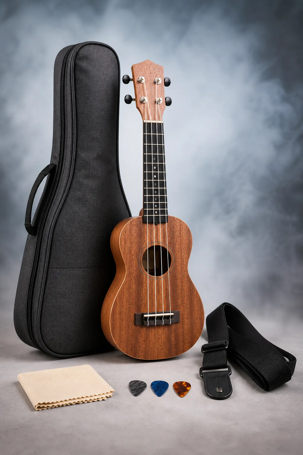 Ukulele starter bundle with case strap and picks