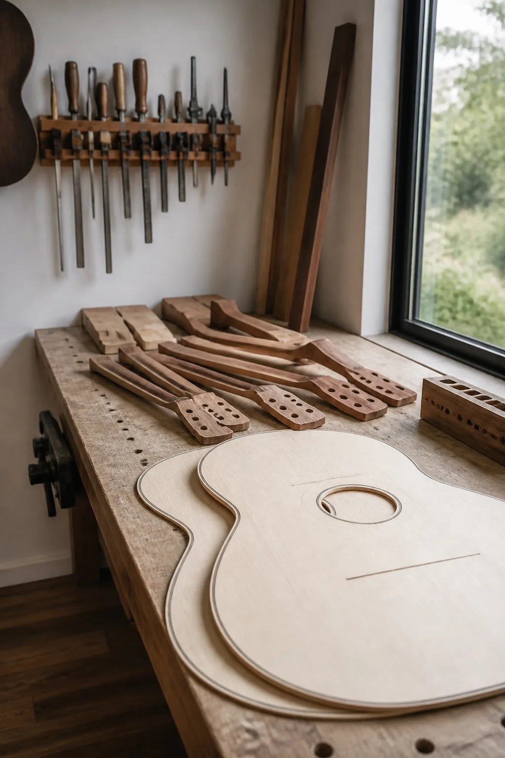 Guitar workshop bench with spruce tops and mahogany necks